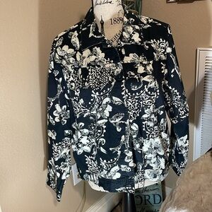 ♥️ COLDWATER CREEK LNG SLEEVE BUTTON FRONT JACKET BLK & WHT FLORAL LADIES SZ:14